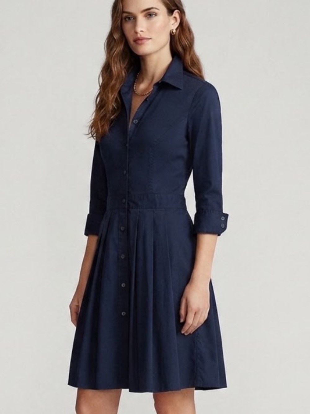 Ralph Lauren Heritage Shirt Dress with Pleated Skirt in Navy Blue